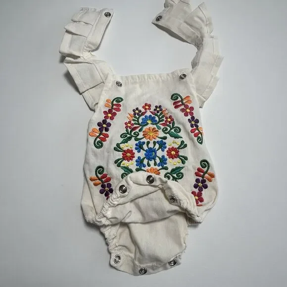 Mexican Embroidered Floral Folk Manta Bodysuit One Piece Romper Baby 0-6 Mos - Picture 6 of 7